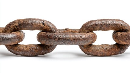 Close-up view of an old rusty chain showcasing the rough texture and wear of the metal links. This reflects the history and durability of industrial materials over time.