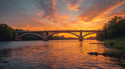 Naklejka premium Arched bridge silhouette spanning river during vibrant sunset with fiery orange and pink clouds