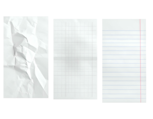 Three sheets of paper crumpled, grid, and lined