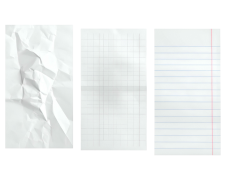 Three sheets of paper crumpled, grid, and lined