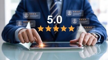 Hands of a person evaluating customer service with a five-star rating, using a tablet
