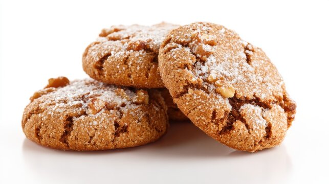 Delicious cookies coated with powdered sugar are stacked on a smooth white surface showcasing a tempting treat perfect for any dessert lover.