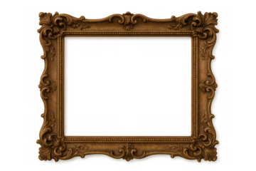 Ornate antique gold picture frame with beautiful carved rococo and baroque details on a transparent background