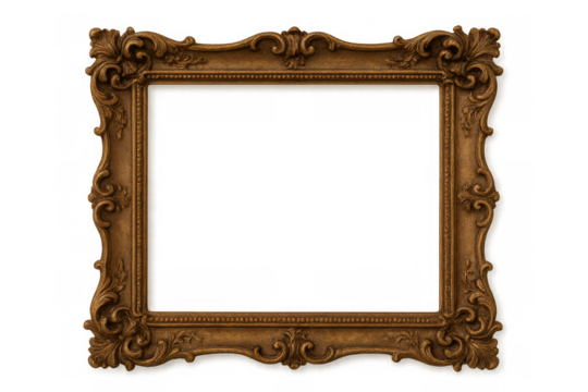 Ornate antique gold picture frame with beautiful carved rococo and baroque details on a transparent background