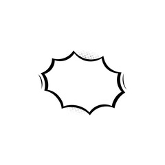 Explosive starburst speech bubble icon for comic book dialogue. Empty black and white pop art communication balloon with halftone effect, vector graphic