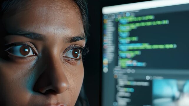 Focused Woman Writing Code on Computer Screen at Nighttime