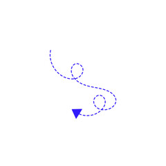 Vector graphic of a whimsical blue dotted line forming a looping path with an arrowhead, symbolizing a dynamic journey or a creative process