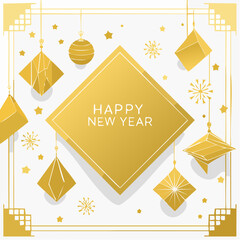 Golden New Year's card with ornaments and frame.