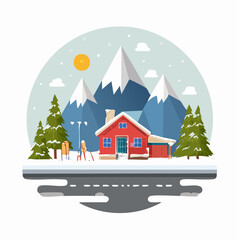 Winter landscape with a house, mountains, trees, and snow.