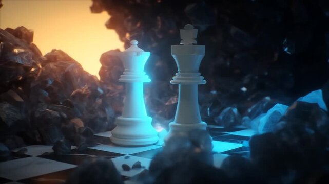Animated chess figures on a checkered board with smoky background
