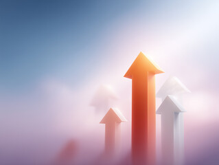 Bright arrows rise through fog symbolizing growth and opportunity in a vast sky landscape