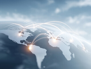 Visualizing global connections across continents and oceans through illuminated network lines and digital mapping