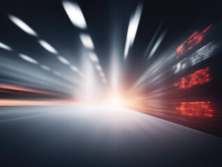 Dynamic light trails create an energetic atmosphere with a share market graphic