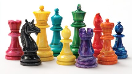 Obraz premium Brightly colored chess pieces in various shapes are arranged on a white background. The pieces include a knight rooks bishops and pawns ready for a game.