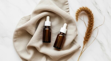 Two amber glass dropper bottles with essential oil on a textured cloth with a dried pampas grass plume on a marble surface