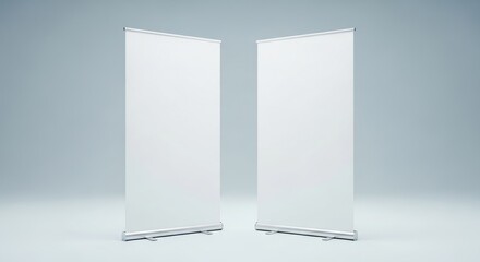 Two blank rollup banner stands side by side, , ideal for displaying promotional content