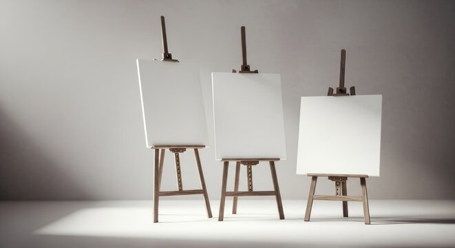 Three empty artist easels of varying sizes stand ready for creativity in a studio setting with soft lighting