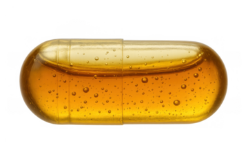 Yellow oil supplement softgel capsule for health and wellness, transparent background, containing vitamins, omega-3, or fish oil