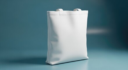 A plain white tote bag with handles, presented against a teal background, ready for customization