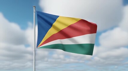 Seychelles flag waving proudly against a clear blue sky with soft clouds in breezy island weather, perfect for travel and tourism videos