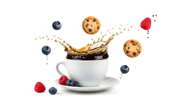 Coffee with Cookies and Fresh Berries in White Cup on White Background, High-Speed Food Photography, Studio View