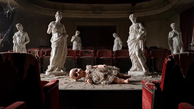 Abandoned theater interior with statues and a doll