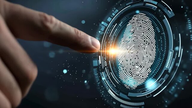 Finger touching digital fingerprint scanner interface, showcasing biometric technology with glowing elements and abstract data visualization, symbolizing security and identity verification - Powered by Adobe
