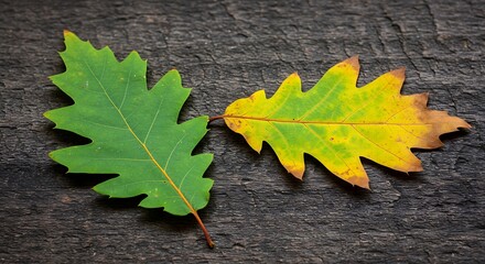 Two Oak Leaves One Green One Yellow on Dark Wood Surface oak leaf autumn