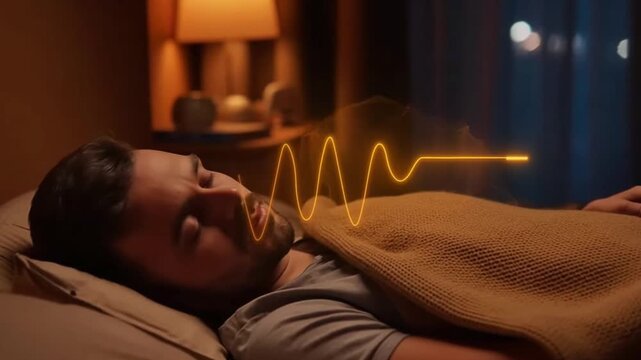 Adult man sleeping in cozy bedroom at night, bedside lamp; biometric waveform over chest illustrating sleep tracking, breathing rate monitoring, smart health technology and circadian rhythm concept