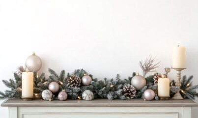 Holiday garland decorating a mantelpiece with lit candles, festive ornaments, and pine cones against a white wall