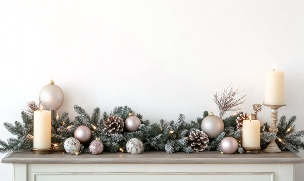 Holiday garland decorating a mantelpiece with lit candles, festive ornaments, and pine cones against a white wall