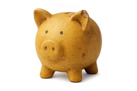Yellow ceramic piggy bank representing saving money, financial security, investment, banking, and wealth growth