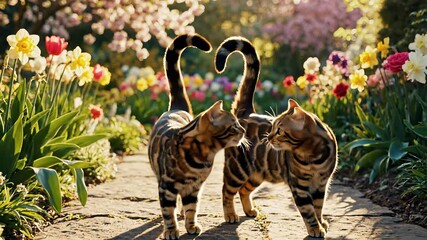 Cats amble down lush garden path together, exuding warmth and companionship, perfect for showcasing friendship or partnership concepts in videos, commercials, or online advertisements.