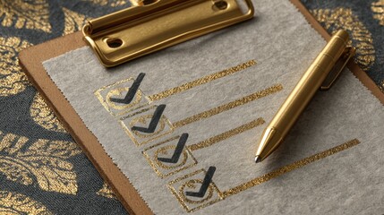 Golden Checkmarks on Clip Board with Pen for Organization and Planning