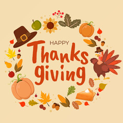 Thanksgiving Greeting Card &ndash; Cartoon Turkey, Harvest Food and Autumn Leaves in Circular Composition with Festive Typography on Beige Background