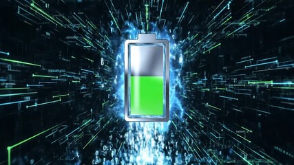 Battery charging animation with glowing energy particles and digital lines on a dark background. - Powered by Adobe