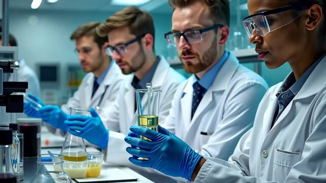 African American woman in a laboratory wearing a white coat and gloves, carefully analyzing a liquid sample with colleagues engaged in scientific research and experimentation