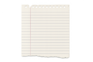 Lined notebook paper with holes and torn edge, blank sheet for writing ideas, to-do list, or notes, transparent background