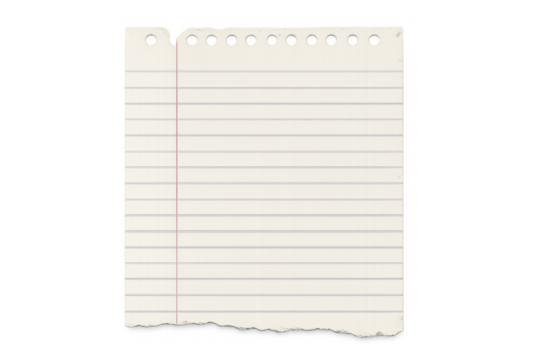Lined notebook paper with holes and torn edge, blank sheet for writing ideas, to-do list, or notes, transparent background