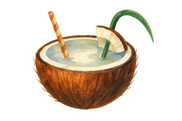 Fototapeta premium Coconut cocktail drink watercolor illustration transparency summer vacation