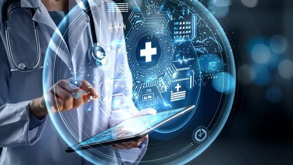 Medical professional in white coat interacts with digital tablet displaying holographic health data, emphasizing technology in healthcare and modern medical practices - Powered by Adobe