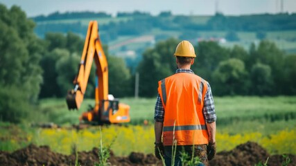 Construction worker observes machinery working on a field at a construction site in the countryside during daytime - Powered by Adobe