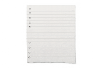 White ripped blank lined paper page with binder holes, creating a torn notebook sheet for messages and notes