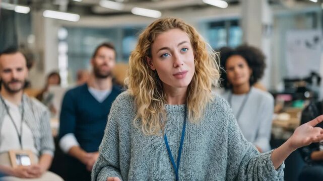 Medium shot of a counselor explaining overseas employment benefits to a diverse group focusing on cultural adaptation and workplace expectations.