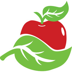 Abstract Red Apple Symbol With Two Green Leaves Isolated On Transparent Background Simple Flat Design Style