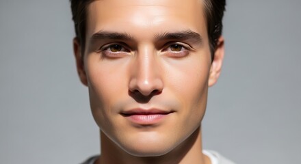 Portrait of a handsome young man with a neutral expression, lit by soft light.