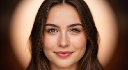 Naklejka premium A beautiful young woman with long brown hair and a gentle smile in a warm, glowing spotlight.