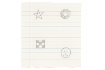 Torn piece of lined paper with childhood doodles, drawing simple shapes like a star, scribble, grid, and smiley face, transparent background