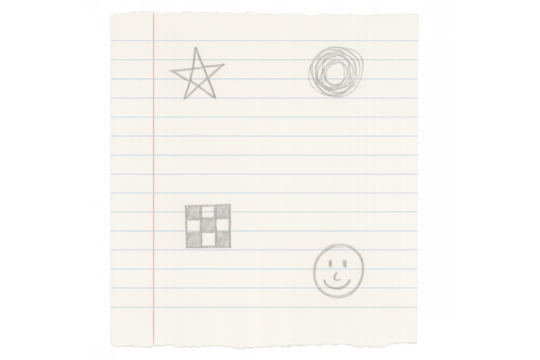 Torn piece of lined paper with childhood doodles, drawing simple shapes like a star, scribble, grid, and smiley face, transparent background