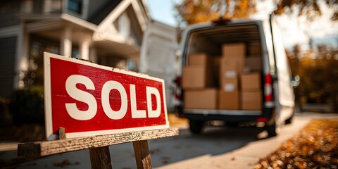 Sold home with moving van full of boxes in driveway